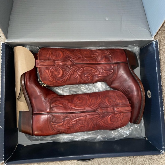 Lucchese Shoes - Lucchese Red and Brown Heeled Boots with Western Stitching